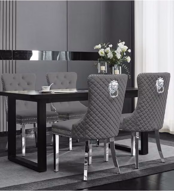 Groundlevel Set of 2 Grey Plush Velvet Dining Chairs with Lion Head Knocker