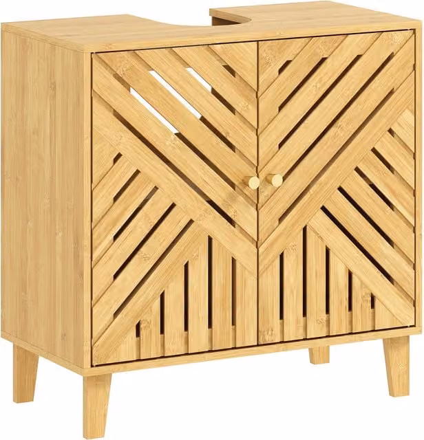 HOMCOM Bamboo Bathroom Under Sink Cabinet with Adjustable Shelf in Natural Wood – 1
