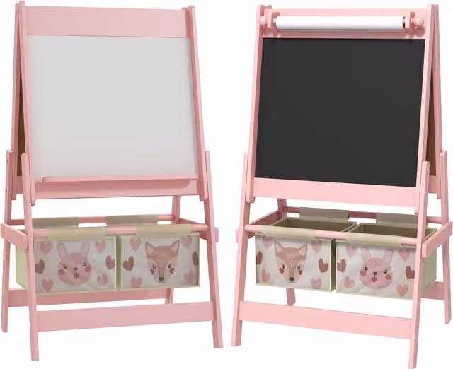 AIYAPLAY 3-in-1 Kids Easel with Paper Roll, Magnetic Whiteboard and Chalkboard in Pink