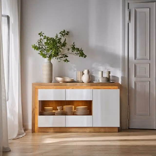 Jonas & James Lelia Three Door Glazed Sideboard in White and Oak with Integrated Lighting