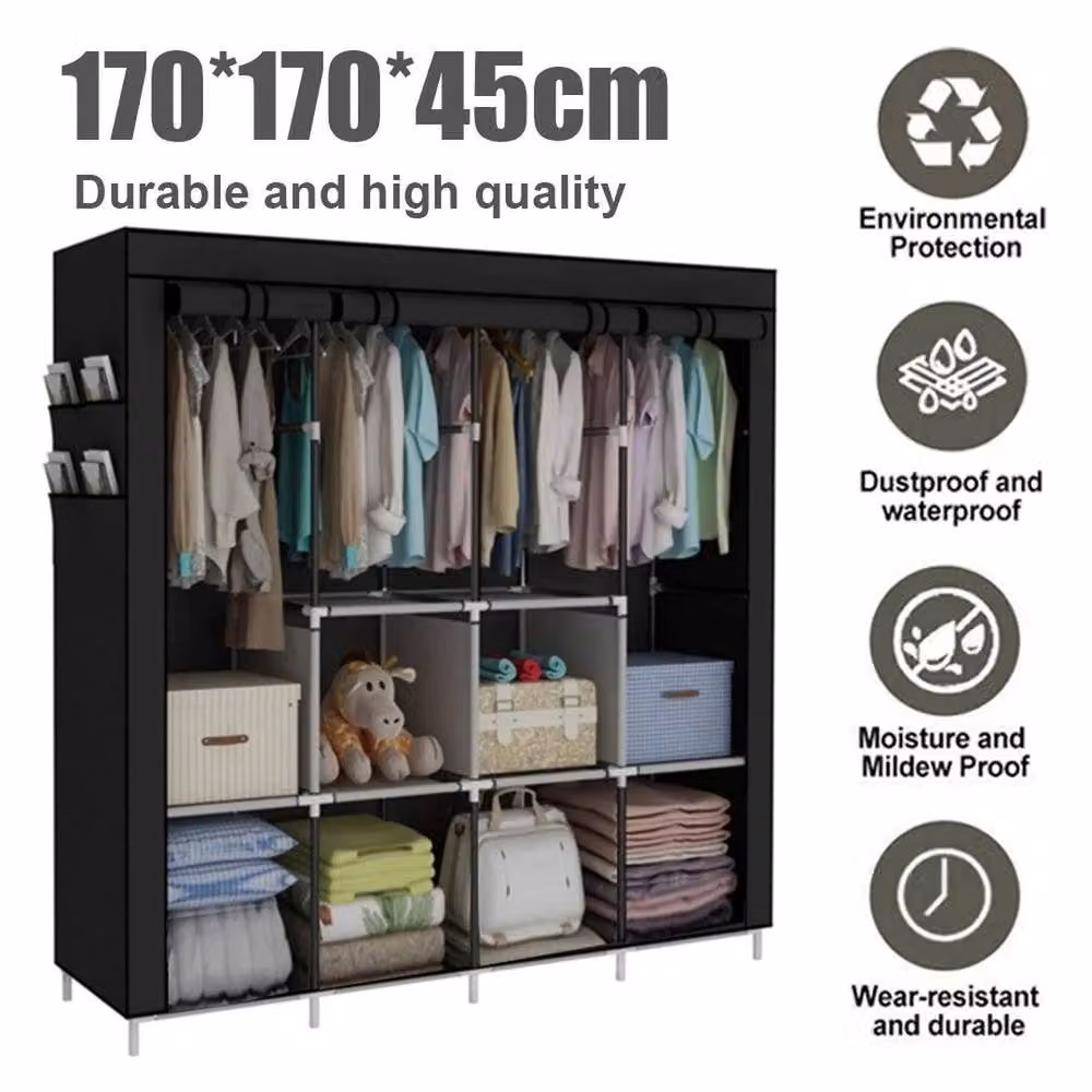 KORVIXA Large Fabric Canvas Wardrobe with Hanging Rail in Black, W/D/H: 100 x 100 x 100 cm – 3