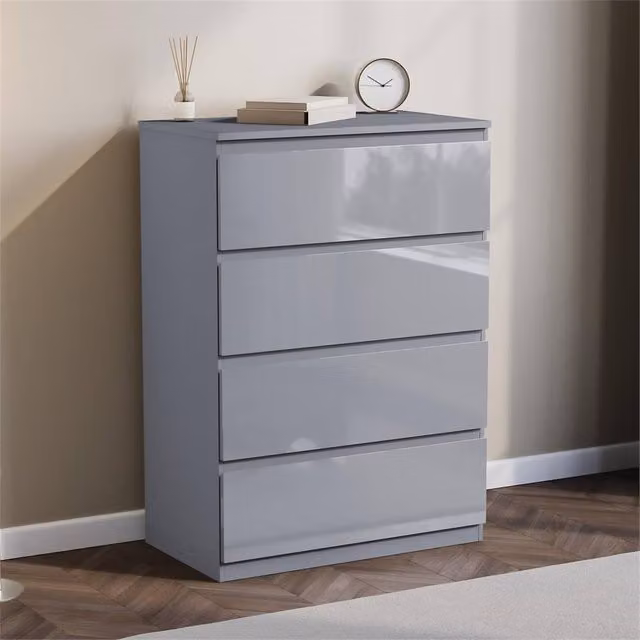 FORGEVIO Modern 4 Drawer Chest of Drawers in Glossy Grey