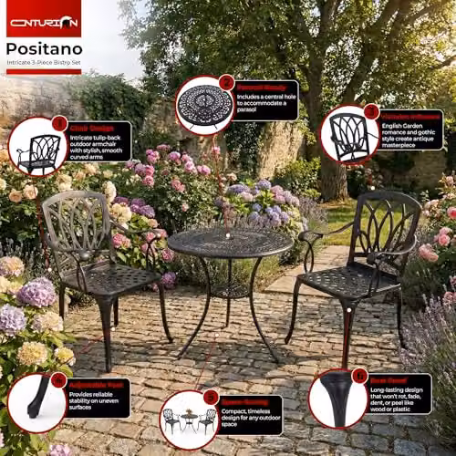 Centurion Supports Positano Black Lacquered Metal Garden and Patio Bistro Set with Table and 2 Chairs – 4