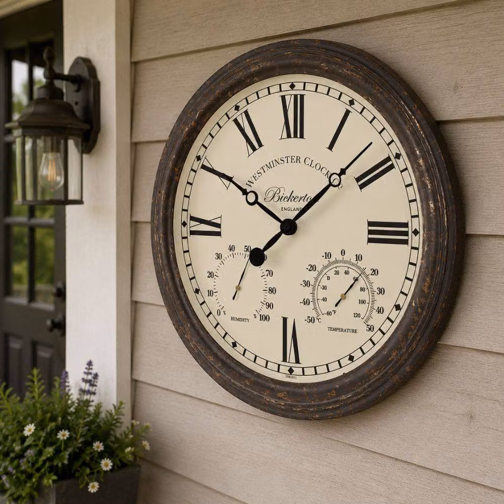 Marco Paul Bickerton Brown Round Analog Wall Clock with Thermometer, Diameter: 38.1 cm – 4