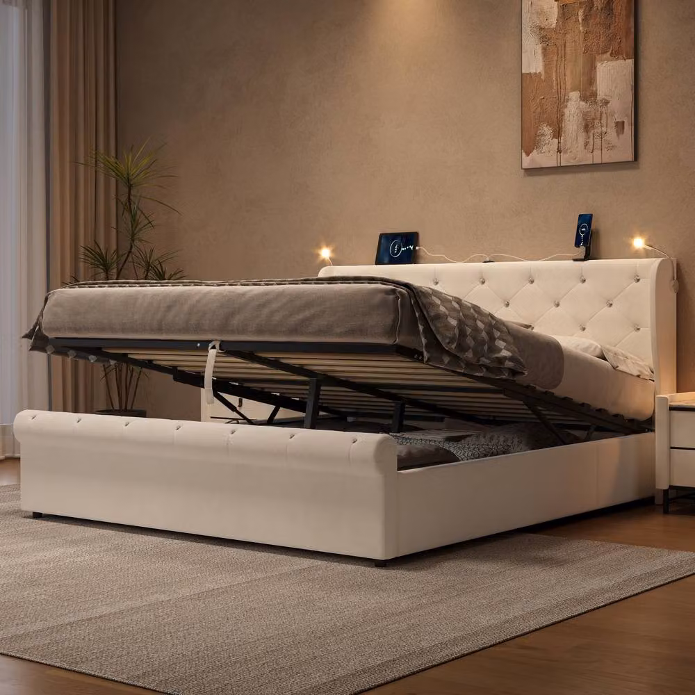 ModernLuxe Upholstered King Bed with Ottoman Storage, Headboard, Integrated Reading Light and USB Charging Port in White, W/D/H: 160 x 200 x 102 cm – 2