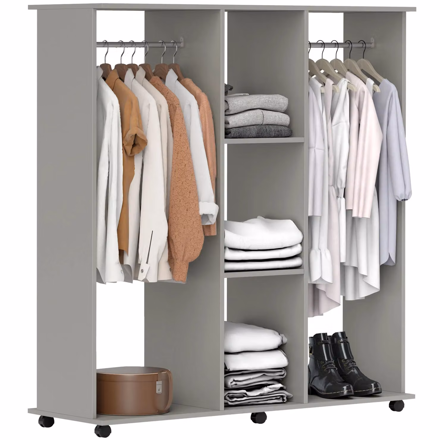 HOMCOM Mobile Double Open Wardrobe with Clothes Hanging Rail in Grey, W/D/H: 128 x 40 x 40 cm – 2