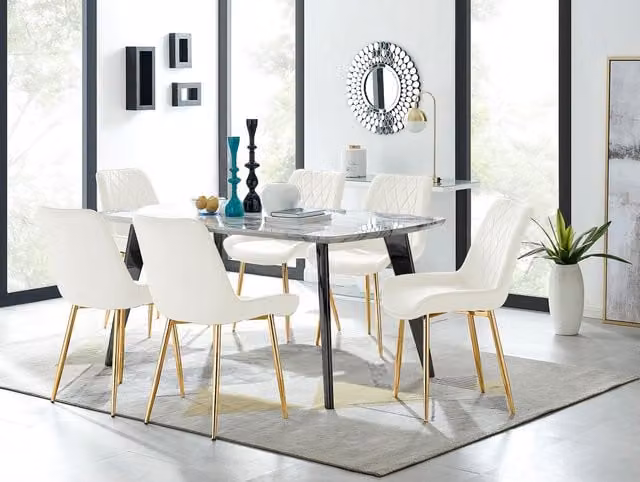 FurnitureboxUK Andria Marble Effect Dining Table with Black Legs and 6 Pesaro Cream Velvet Chairs with Gold Legs