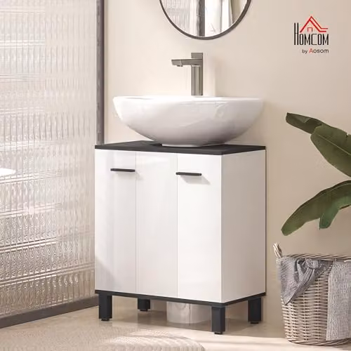 HOMCOM Modern Freestanding Under Sink Bathroom Cabinet with Hinged Doors and Internal Shelves, High Gloss White, W/D/H: 60 x 34 x 70 cm – 2