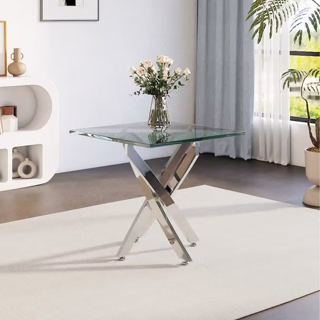 Komore Rectangular Tempered Glass Dining Table in Transparent and Silver, W/D/H: 55 x 55 x 55 cm