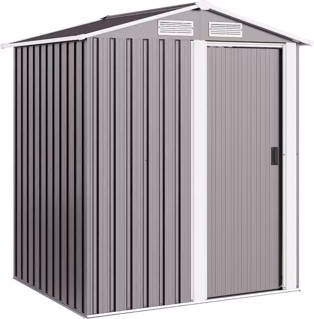 Outsunny Grey Metal Garden Tool Storage Shed with Sliding Door, Sloped Roof and Foundation Kit, W/D/H: 152 x 132 x 188 cm – 1