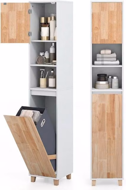 KORVIXA Tall Bathroom Tilt Out Laundry Hamper Cabinet in White, W: 70 cm, H: 75 cm