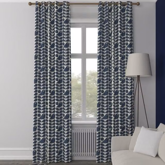 Orla Kiely Early Bird Made to Measure Blackout Eyelet Curtains in Dark Marine Blue Cotton