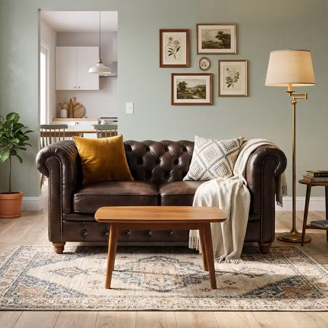 FDS Chesterfield 2 Seater Leather Sofa in Brown and Red with Scatter Cushions