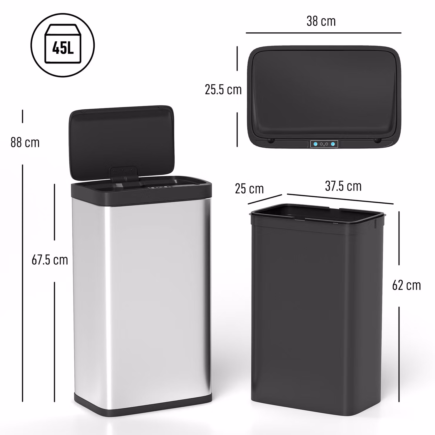 HOMCOM 45L Stainless Steel Sensor Bin with Soft-Close Lid and Removable Inner Bucket, Silver Tone – 3