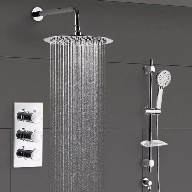 Nes Home Flora Chrome Round 3 Way Concealed Thermostatic Shower Mixer Set with Slider Rail, Shower Head, Handset and Bath Filler Spout in Silver