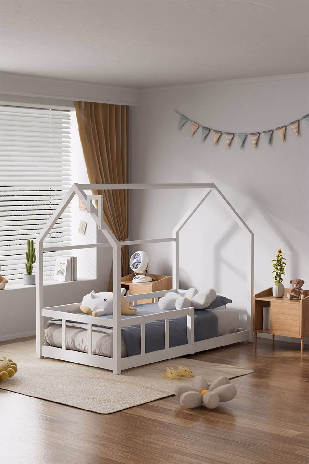 H&O Direct White Lacquered Solid Pine House Bed Frame for Children, 90 x 190 cm – 3