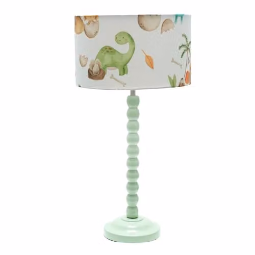 ValueLights Sage Green Bobbin Stem Table Lamp with Dino Drum Shade and Bulb Included