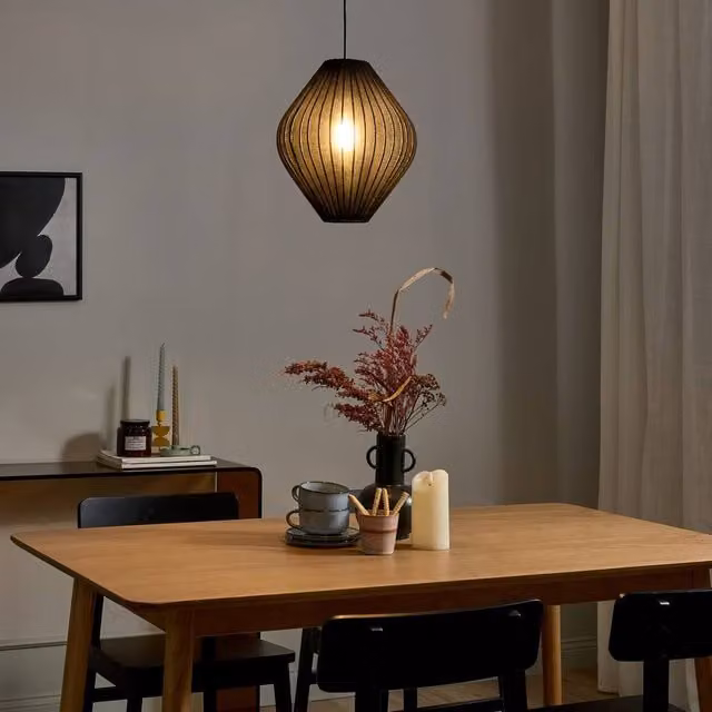Wyld and Coco Black Modern Pendant Lamp with Height Adjustable Fabric Shade – 1