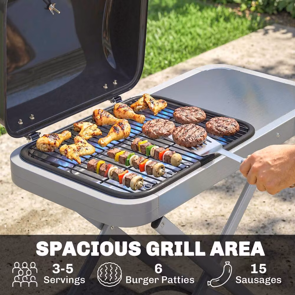 OUTSUNNY Foldable Gas BBQ Barbecue Grill with Side Table and Wheels, Black, 2.5 kW – 5