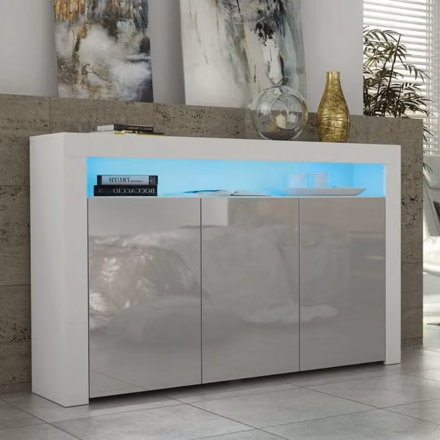 Mex Furniture LTD Modern Glossy Sideboard with Integrated LED Lighting in Light Grey, W: 155 cm, H: 92 cm, D: 40 cm – 1