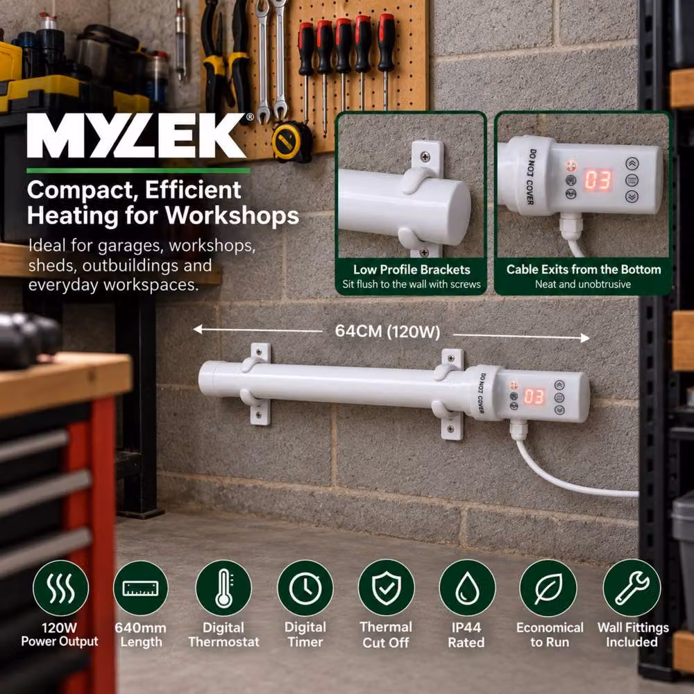 MYLEK White Wall Mounted Tubular Heater with Digital Timer and Frost Protection, 120W – 9