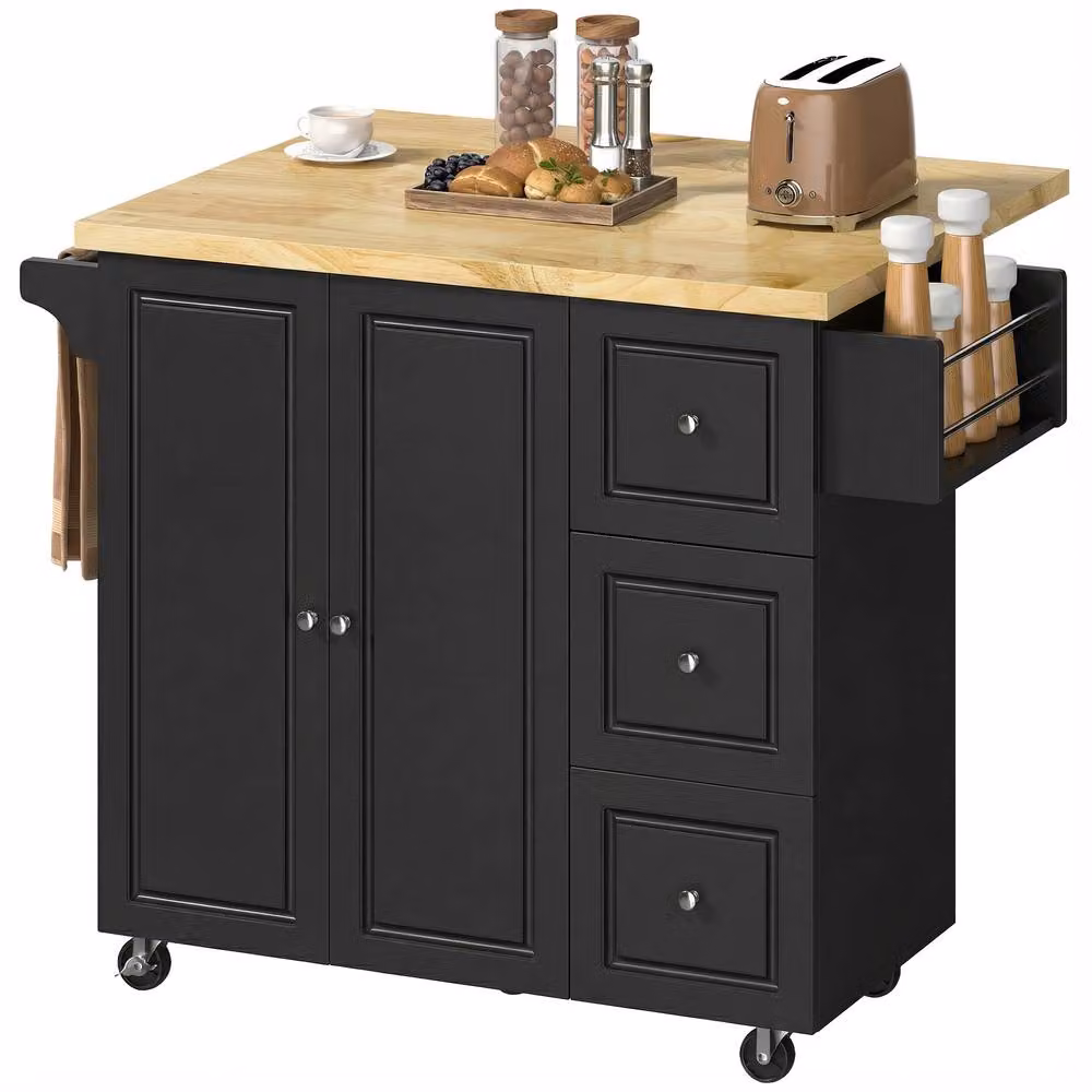 STILVORA Modern Black Kitchen Island with Rubberwood Drawers and Drop Leaf – 4