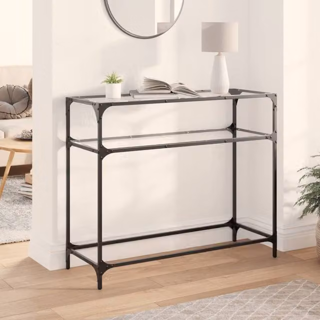 Berkfield Home Modern Console Table with Transparent Glass Top and Brown Steel Frame, W: 98 cm, D: 35 cm, H: 81 cm