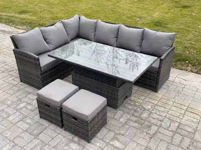 Fimous Dark Grey Wicker PE Rattan Garden Furniture Set with Height Adjustable Rising Lifting Table and 2 Small Footstools