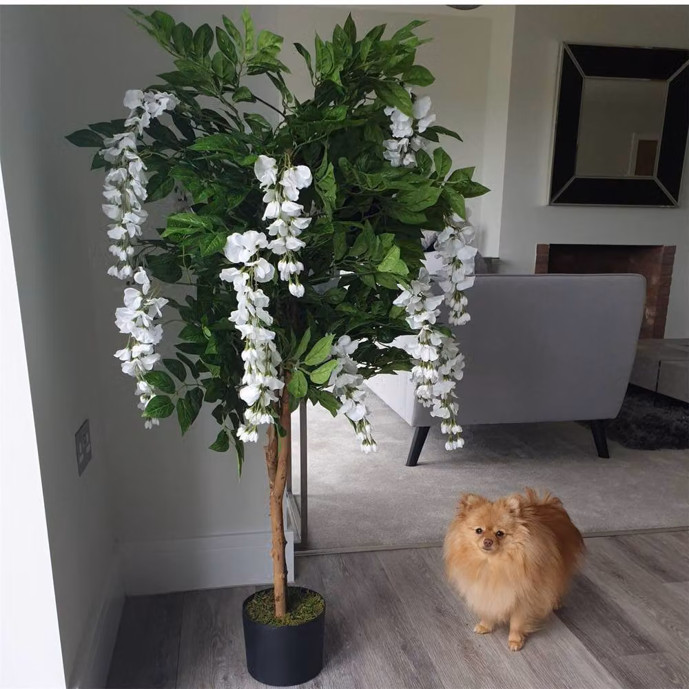 Leaf 130cm Artificial Wisteria Tree with White Flowers and Gold Planter in Green – 5