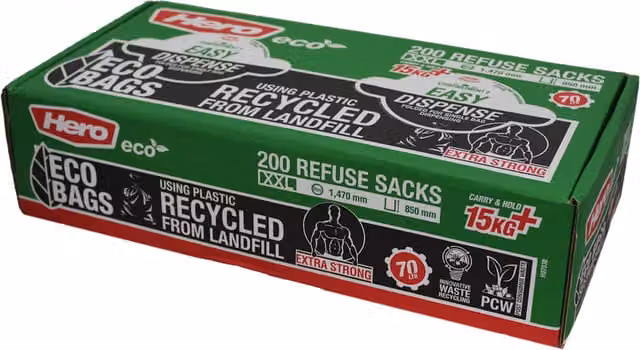 Hero Heavy Duty Bin Bags, 70L, Black, Box of 200