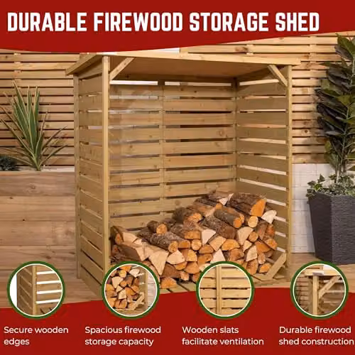 Samuel Alexander Rustic Brown Wooden Outdoor Garden Log Store Shed, W: 123 cm, D: 56 cm, H: 115 cm – 4