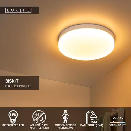 Lucide Biskit White LED Flush Ceiling Light with Motion Sensor for Bathrooms, Diameter: 40 cm – 2