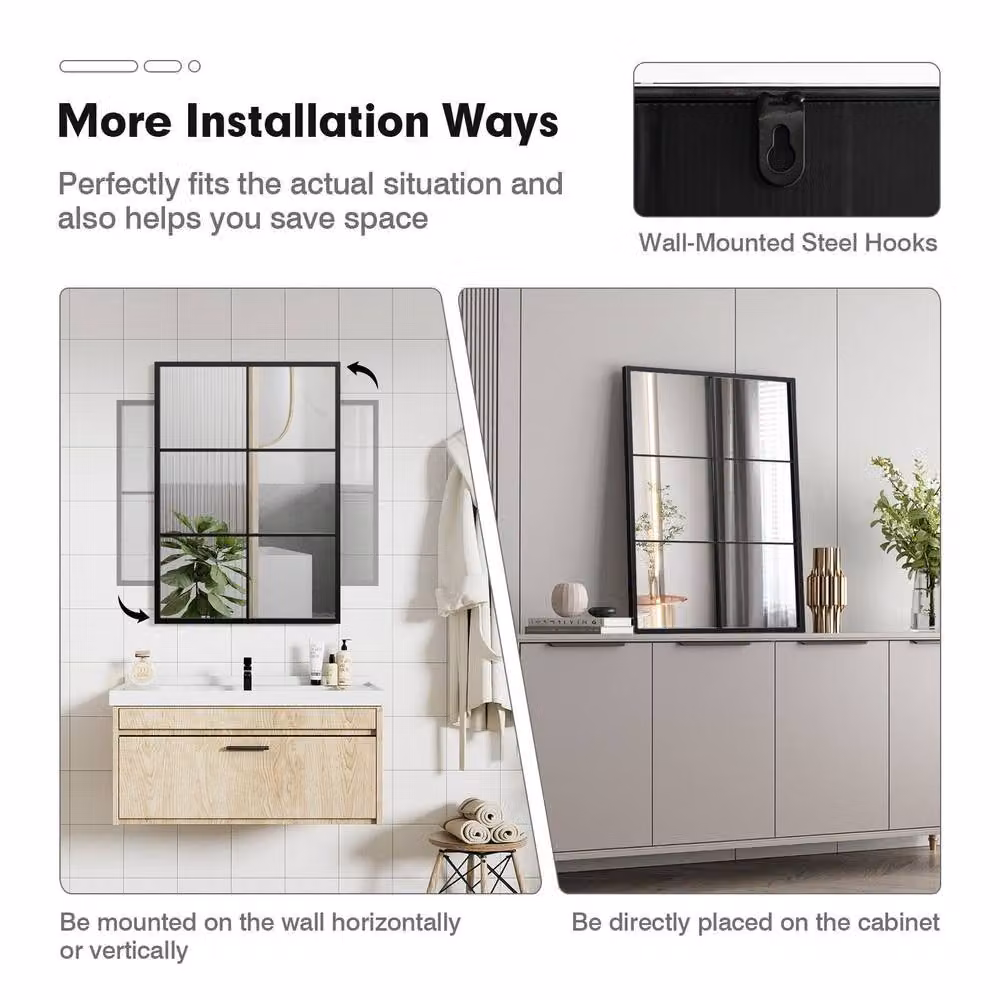 Gymax Modern Rectangular Windowpane Wall Mirror with Black Metal Frame – 4