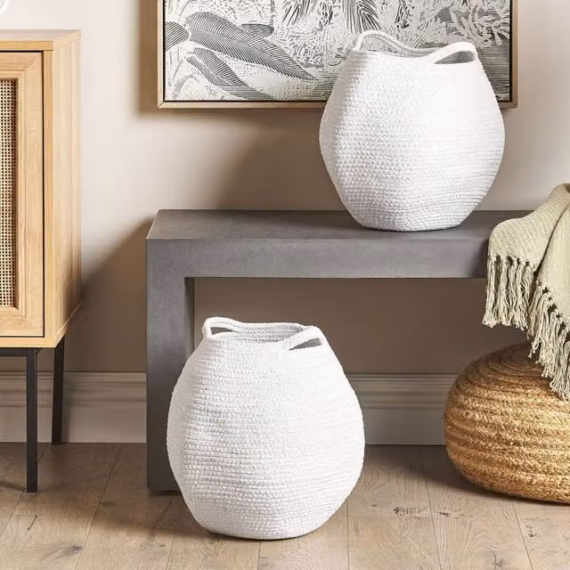 Wyld and Coco Set of 2 White Open Weave Cotton Storage Baskets W: 20 cm, D: 30 cm – 1