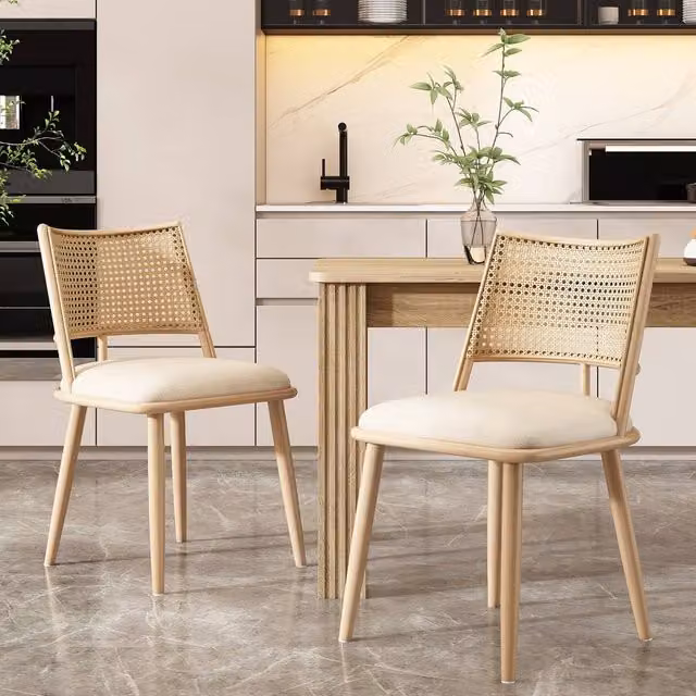 Matteo Set of 2 Retro Bamboo Kitchen and Dining Chairs with Rattan Backrest in Beige – 1