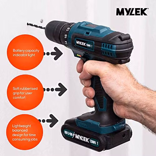Mylek 18V Li-ion Cordless Drill Driver Set with 131 Piece Combi Accessory Kit and LED Worklight, Blue – 3