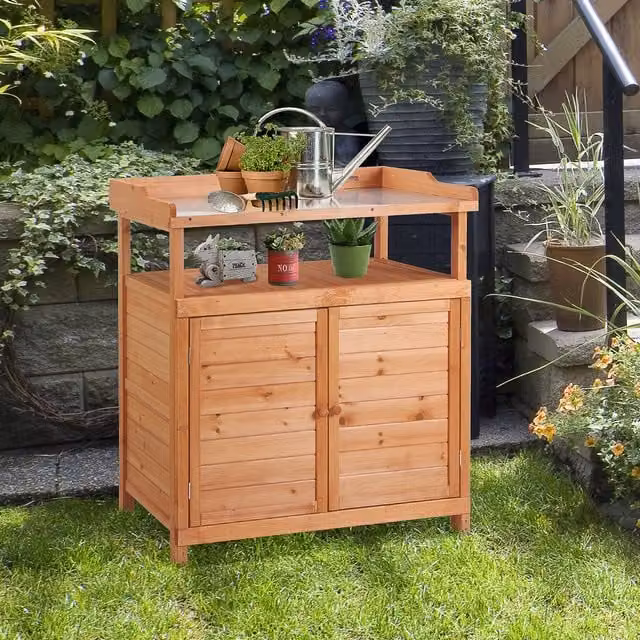Outsunny 2-in-1 Potting Bench Table with Storage Cabinet and Galvanised Steel Top, Orange – 1