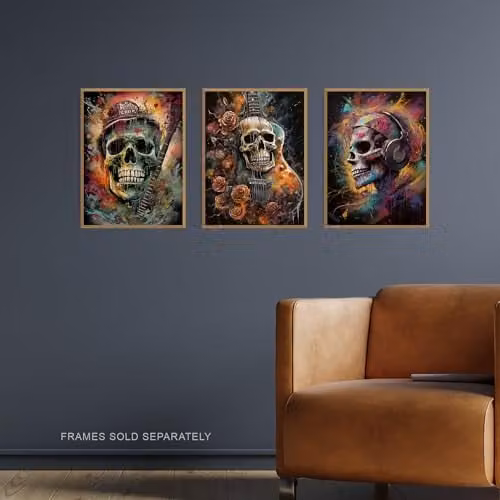 Artery8 Set of 3 Death Metal Music Skull and Guitar Horror Wall Art Prints, Multicolour, W: 21.0 cm, H: 29.7 cm – 2