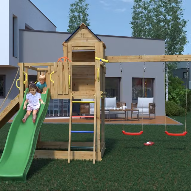 Shire Treehouse Play Tower with Slide and Swing in Brown and Multicolour Wood