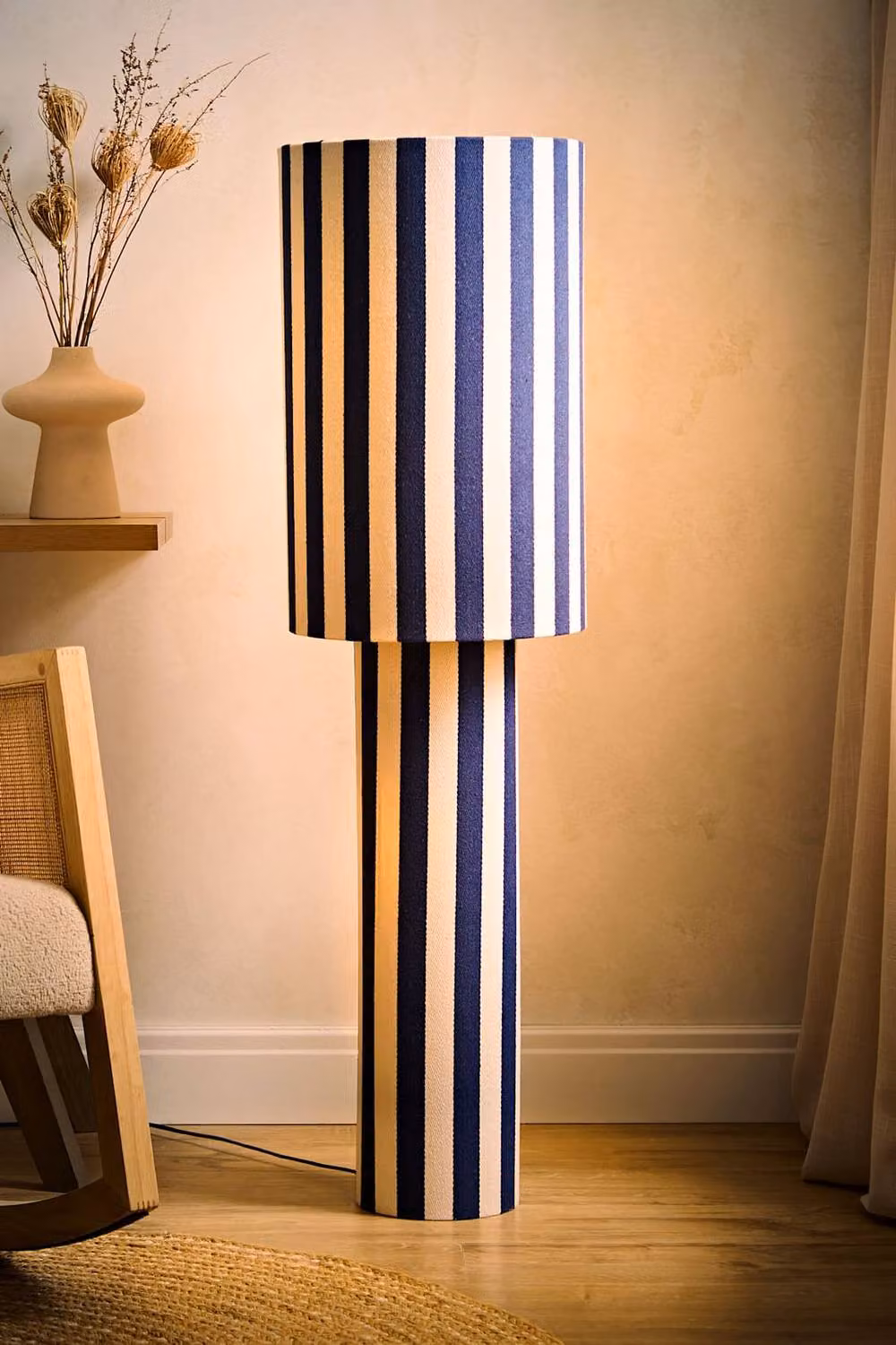 ValueLights Florence Navy Blue Pinstripe Fabric Linen Midi Floor Lamp with Bulb – 3