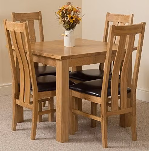 Oak Furniture King Oslo Square Solid Oak Dining Set with 4 Princeton Upholstered Leather Chairs, Brown, W/D/H: 90 x 90 x 77 cm