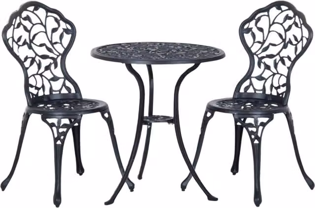 Furnold Set of 3 Black Cast Aluminium Bistro Table and Chairs with Floral Leaf Design