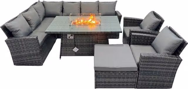 Fimous Poly Rattan Corner Sofa Set with Gas Fire Pit Table and Footstool in Dark Grey Mixed