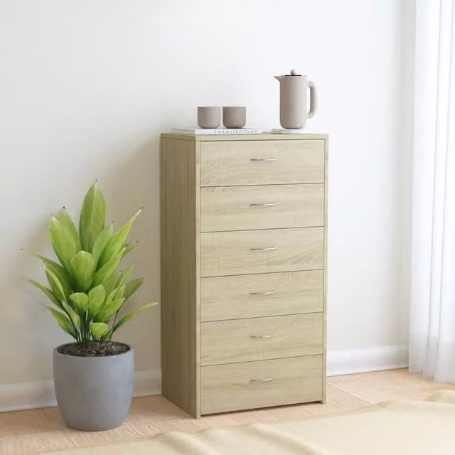 Berkfield Home Sonoma Oak Sideboard with 6 Drawers in Brown, W/D/H: 50 x 34 x 96 cm