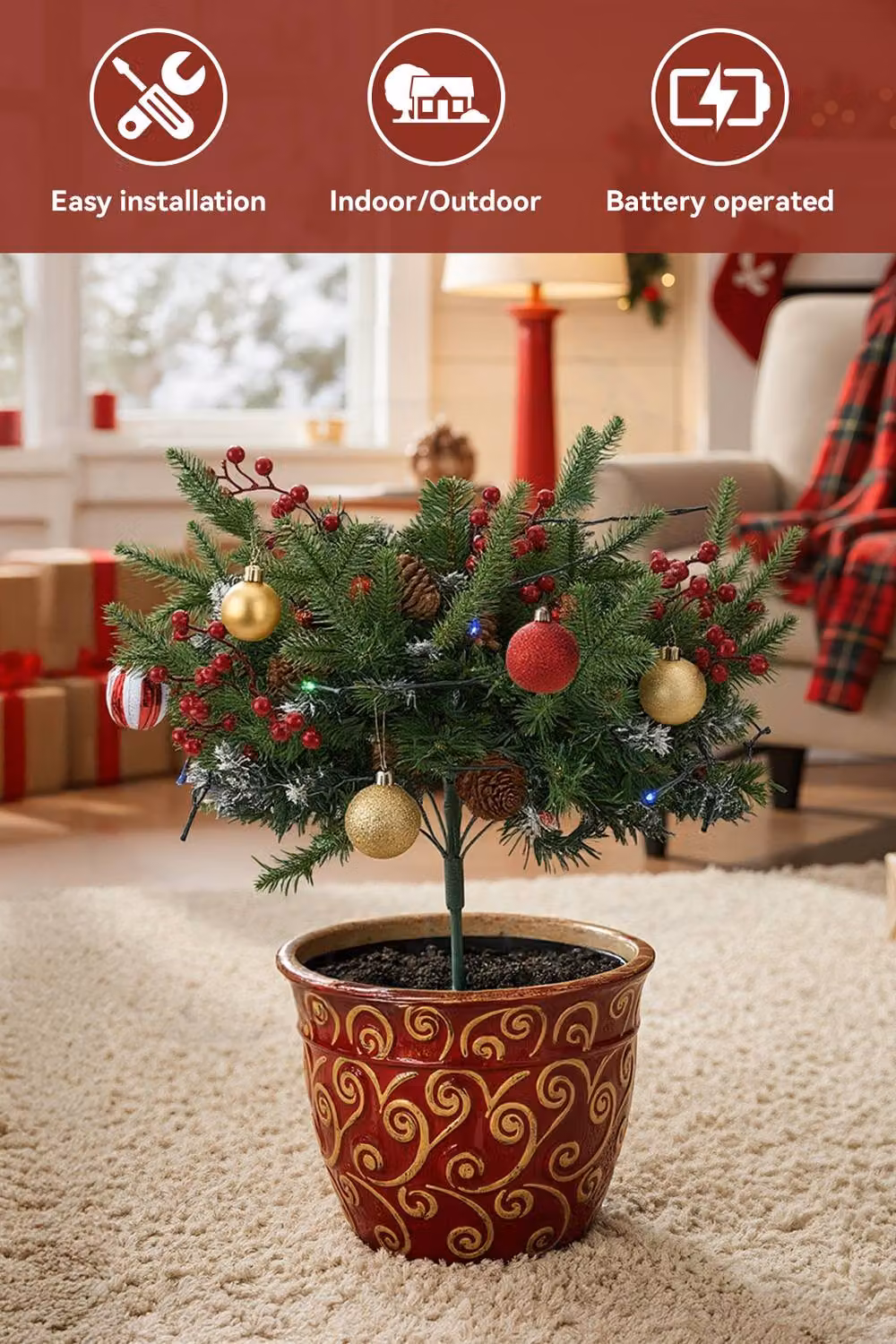 Living and Home 2pcs Pre-Lit Artificial Christmas Planter Bushes in Green, White and Multicolour – 3