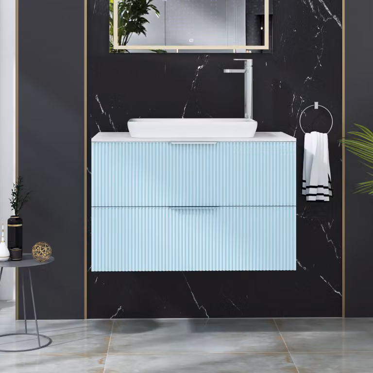 Royal Bathrooms Evora 800mm Powder Blue Fluted Wall Hung Vanity Unit with 2 Drawers and Qubix Basin