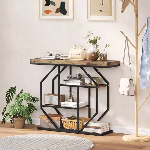 FORGEVIO Industrial 4-Tier Metal Hallway Console Table in Brown and Multicolour – 1