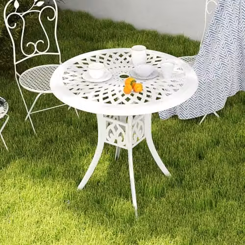 Outsunny Round Garden Dining Table with Parasol Hole, White, W: 78 cm, D: 78 cm, H: 74 cm – 5