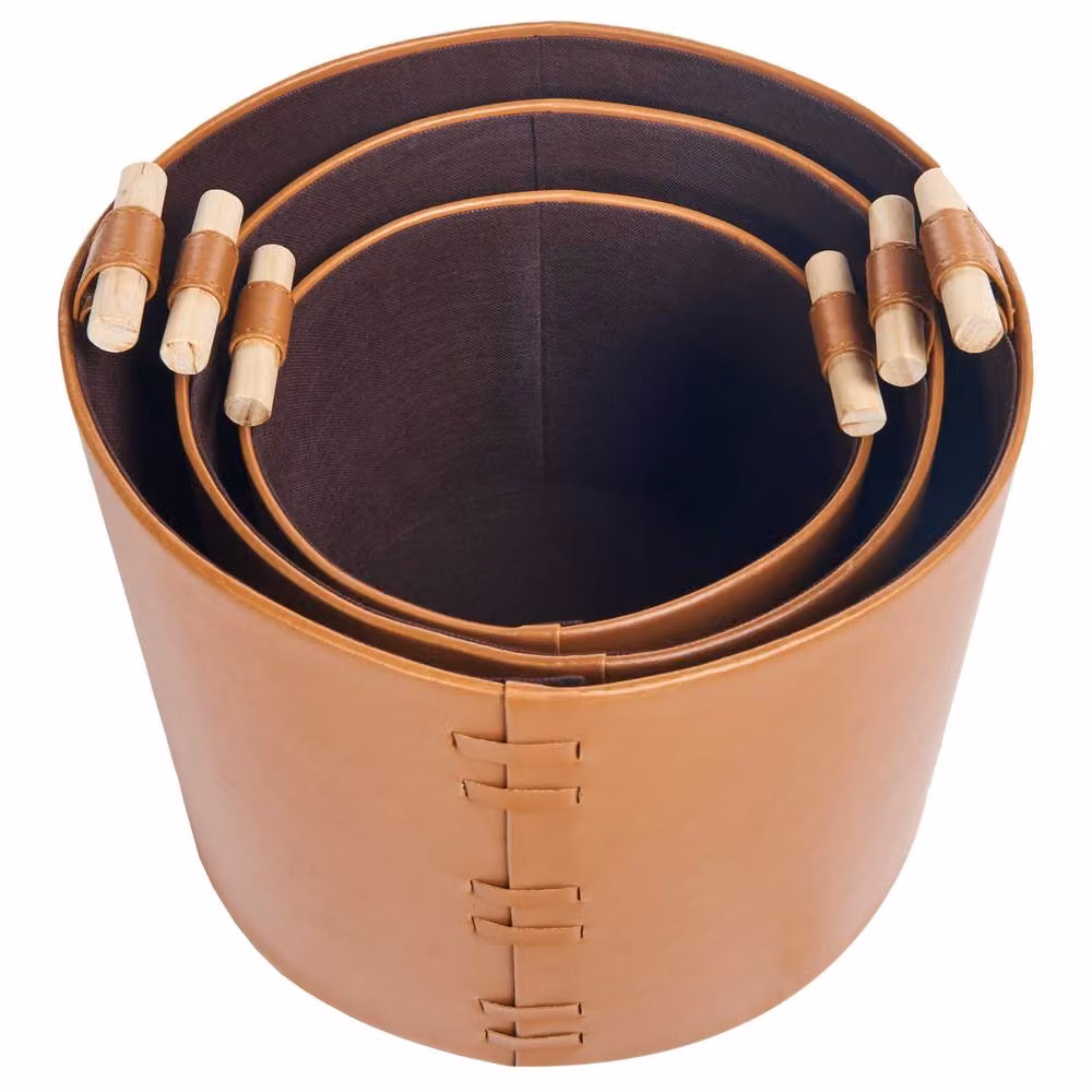 Wyld and Coco Trio of Brown Faux Leather Baskets with Handles – 4
