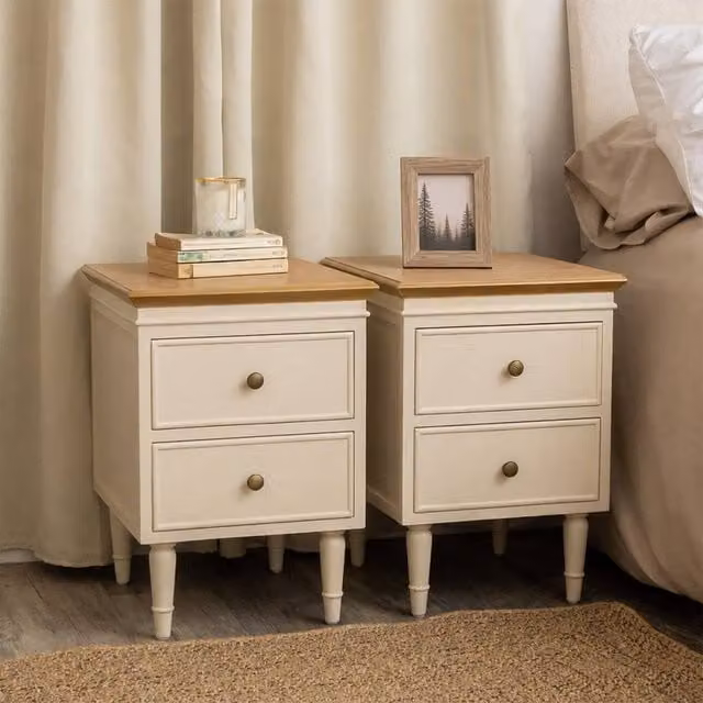 Melody Maison Claudia Range Pair of Two Drawer Bedside Tables in Cream and Beige Wood